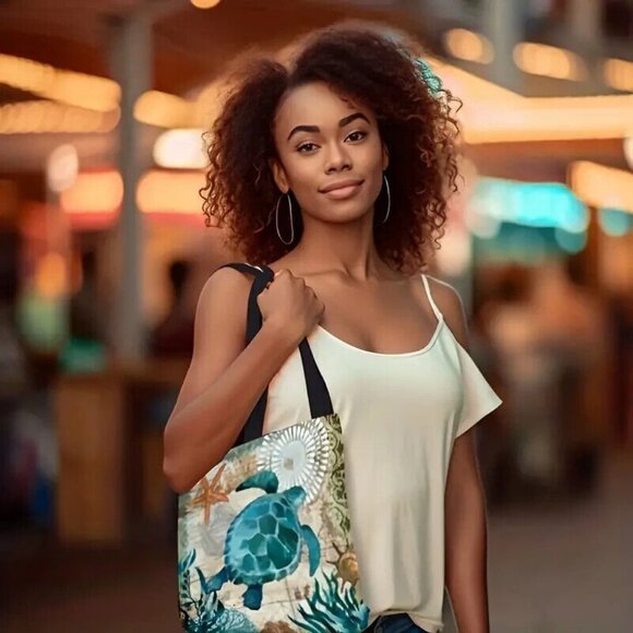 Sea Turtle Print Large Capacity Shoulder Tote Bag Storage Bag Travel Essential - Picture 2 of 2